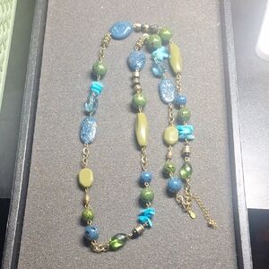 Handcrafted Blue and Green Bead Necklace with Gold Accents